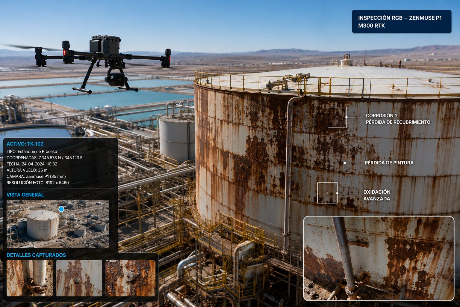 Inspección con dron de un estanque industrial documentando corrosión