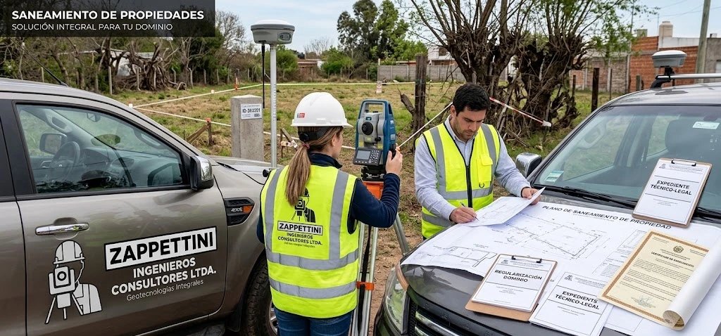 Equipo de Zappettini Ingenieros Consultores midiendo deslindes con estación total y GNSS junto al plano de saneamiento y el expediente técnico-legal